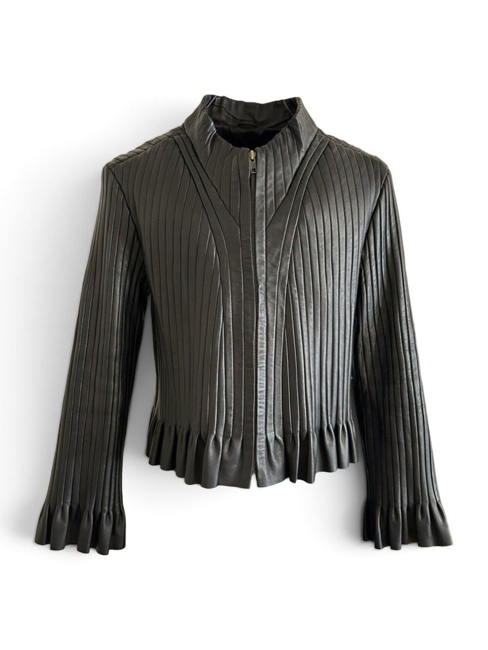 Vintage Beverly Hills Leather Club Jacket Black Ribbed Pleated Ruffle XL Rare!